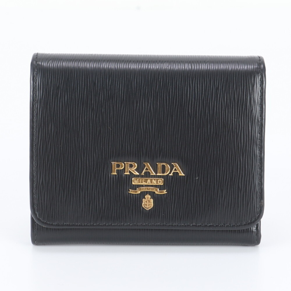 Prada Vitello Move Leather Tri-fold Wallet Compact Black Women's